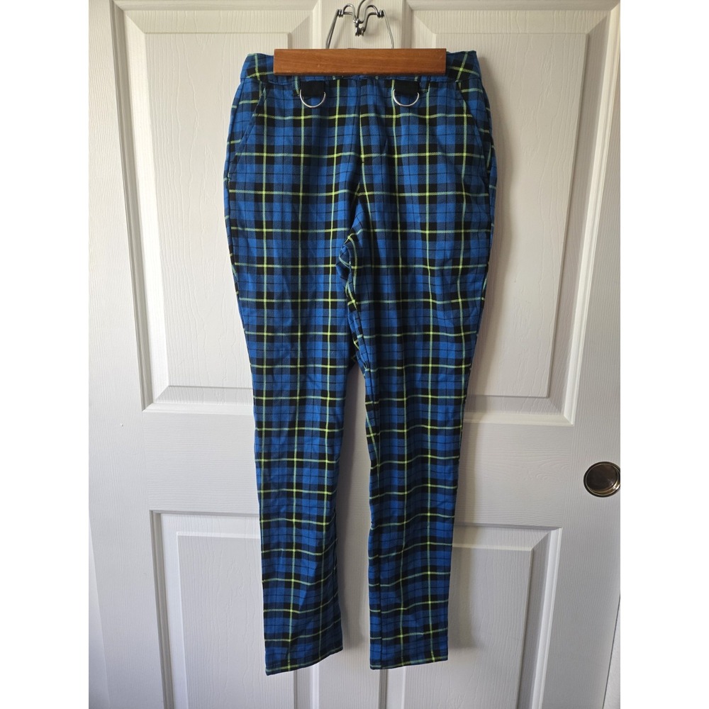 Hot Topic Pants Unisex Bright Neon Blue Green Plaid Size Xs Grunge, Punk, Girl